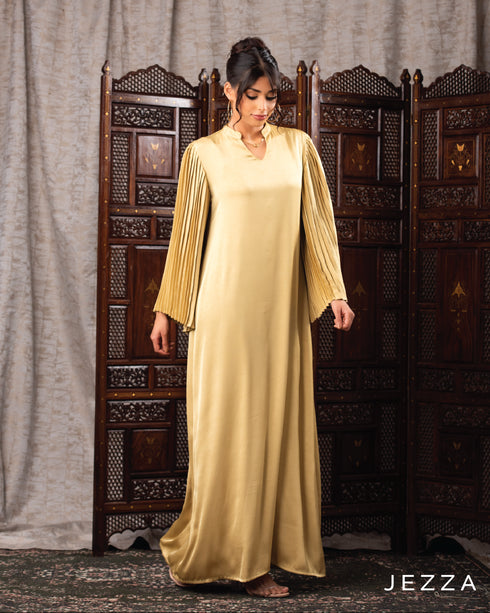 Ethereal Elegance: Pleated Sleeve Crush Satin Dress 60493